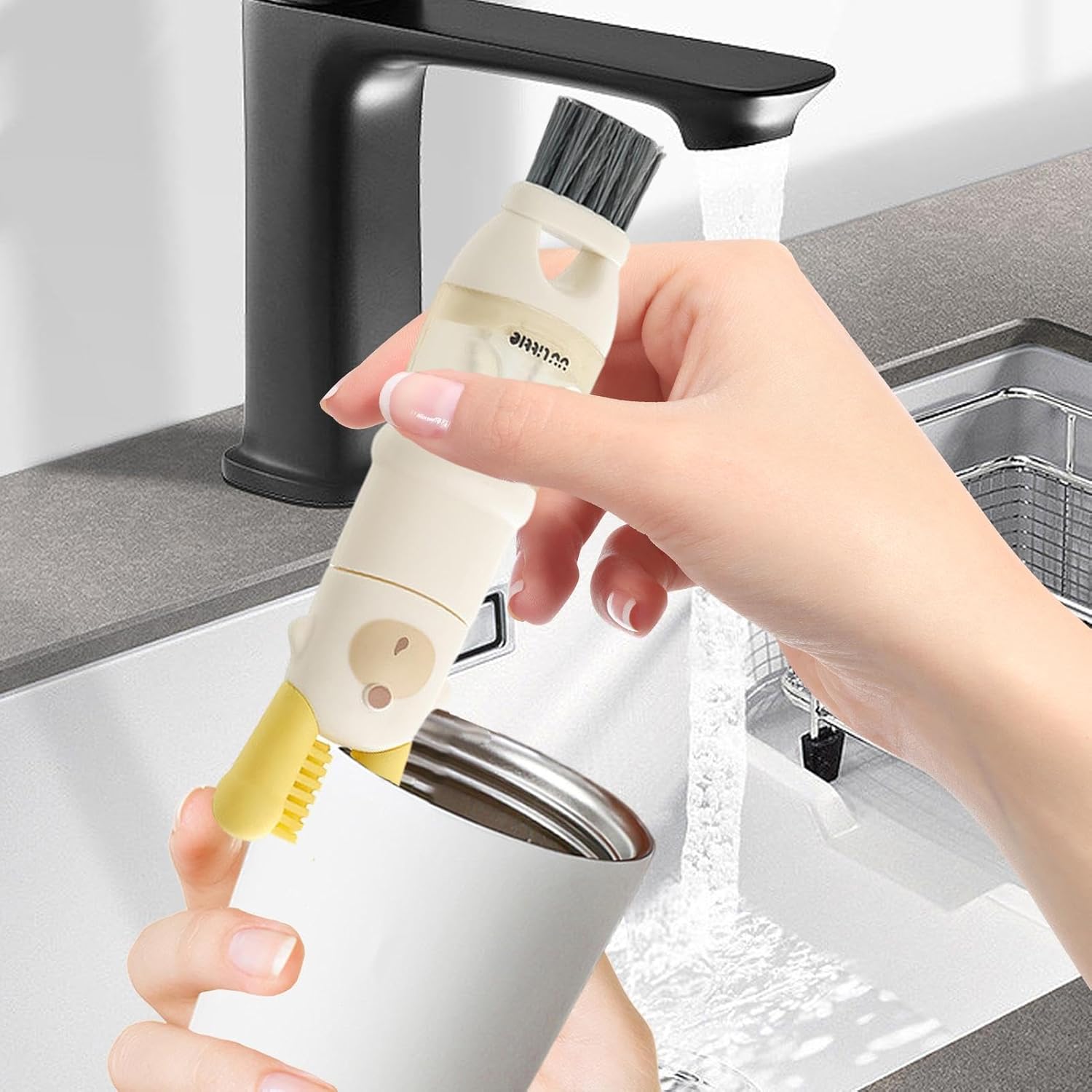 5-in-1 Bottle Lid Cleaning Brush with Crevice Scraper, Bottle Brush and Detachable Heads for Tumblers, Water Bottles and Cups, White — image 2