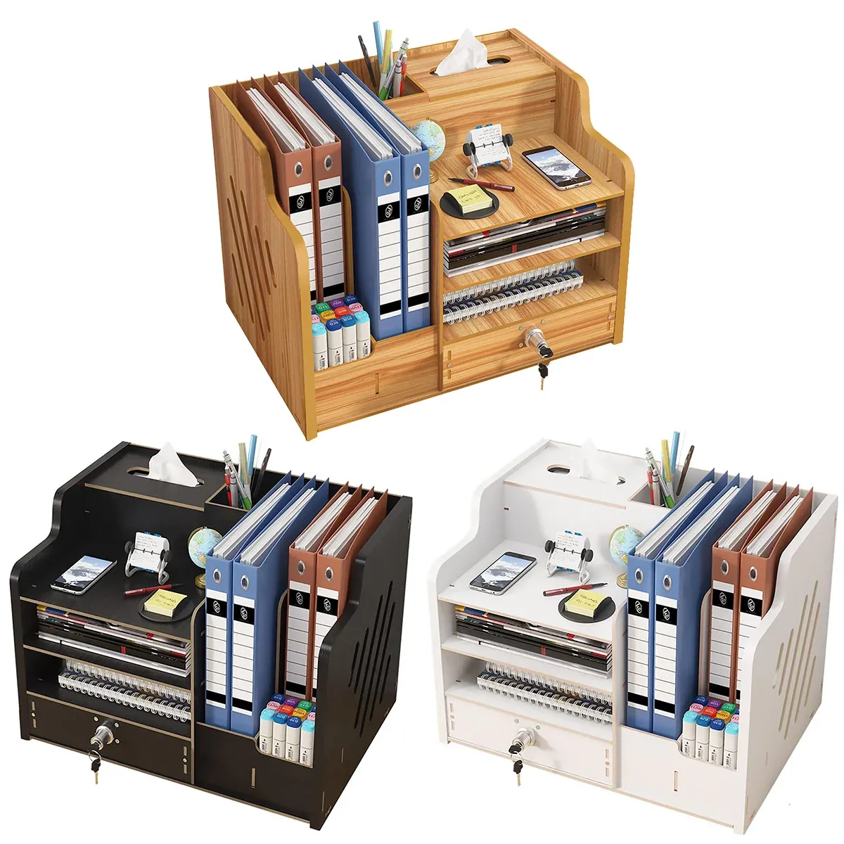 Wooden Desktop Storage Box with Locking Drawer Space Saving for Home Office Use - Wood — image 3