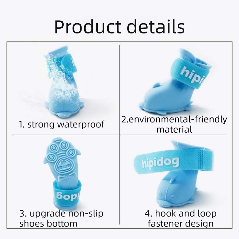 Blue M size Waterproof Dog Rain Boots Set of 4 - Cartoon Dolphin Design Shape PVC Pet Shoes with Adjustable Hook and Loop Straps, Anti Slip Paw Protectors for โ image 5