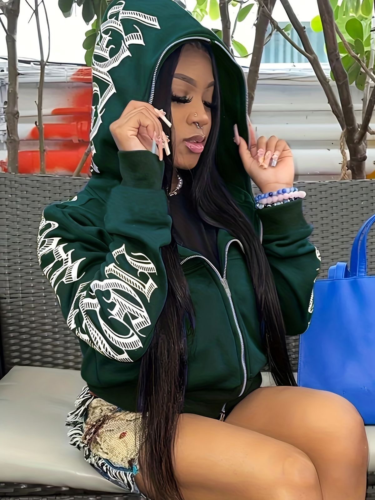 Y2k Hoodie Gothic Streetwear Women'S Zip-Up Jacket Letter Print Hoodie - Blue - Size 2XL(AU 2XL/EU54) — image 3