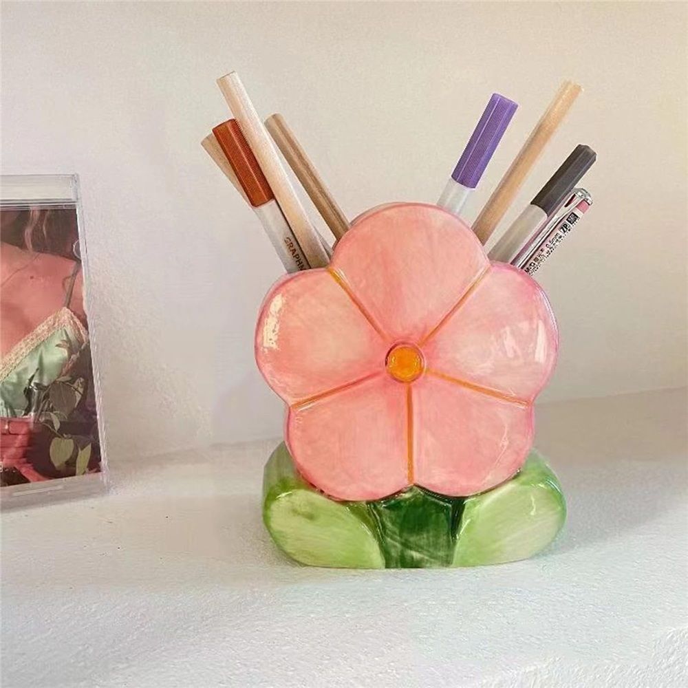 1 PC Flower Makeup Storage Box Ceramic Blossom Five Petals Pen Holder Desktop Storage Box (Pink) — image 4