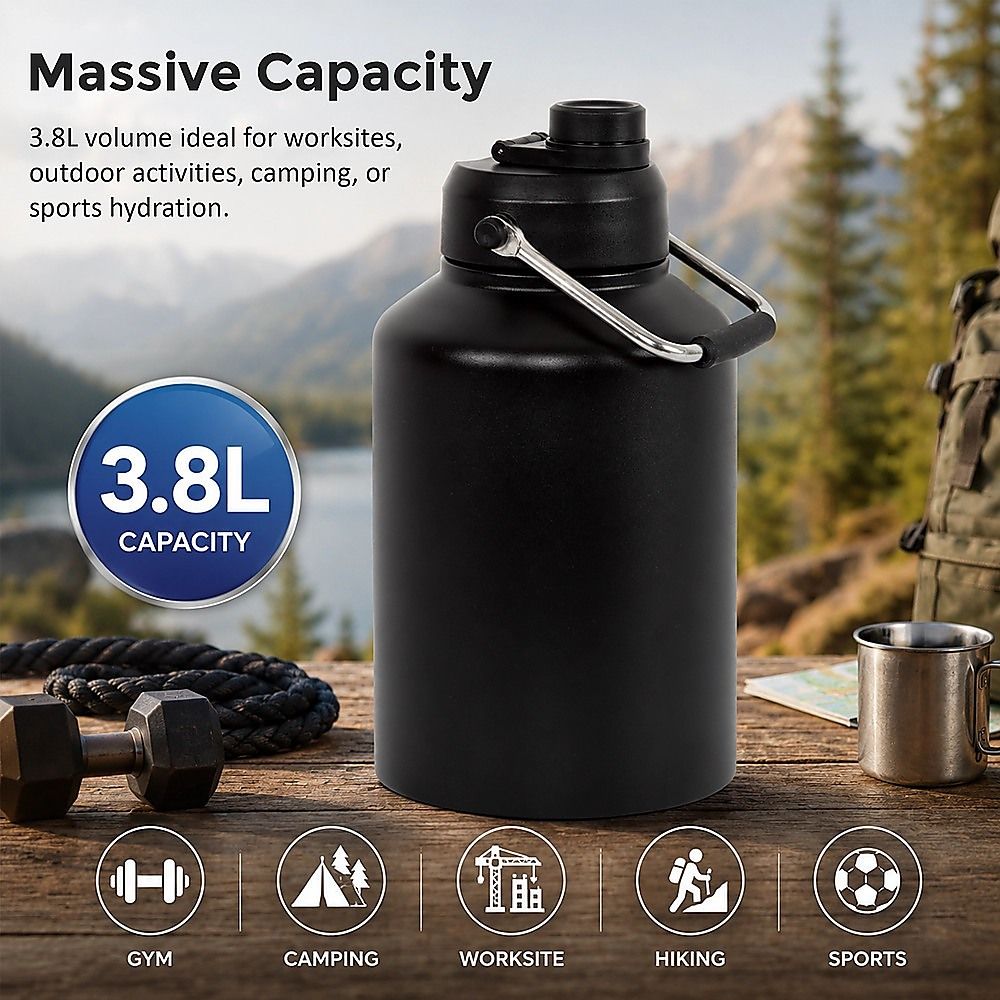 3.8L Double Wall Insulated Stainless Steel Water Bottle – Large Hot & Cold Drink Jug — image 5