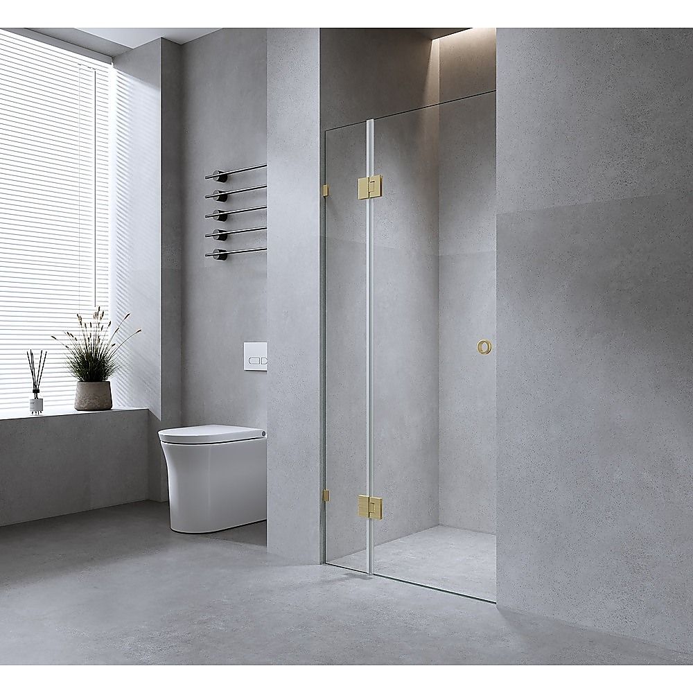 90cm Wall-to-Wall Frameless Shower Screen with Gold Brackets, SS Hinges & U-Brackets and Floor U-Bracket