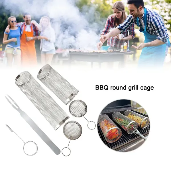 4 Pack Stainless Steel Rotisserie Grill Baskets with Stand, Cylindrical Mesh Tubes for Vegetables and Outdoor BBQ, Small, Silver — image 4