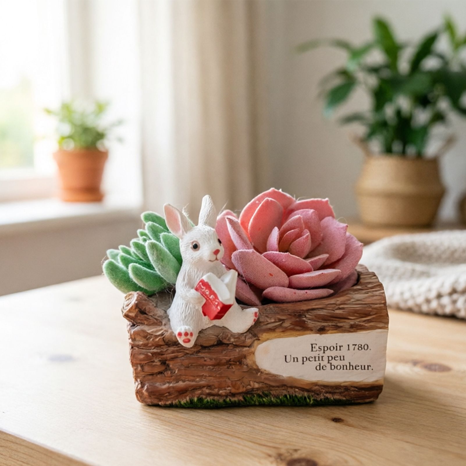 Whimsical Resin Bunny Planter - Cute Rabbit with Book on Tree Stump Design, Mini Succulent Pot for Indoor & Outdoor Garden Decor — image 4