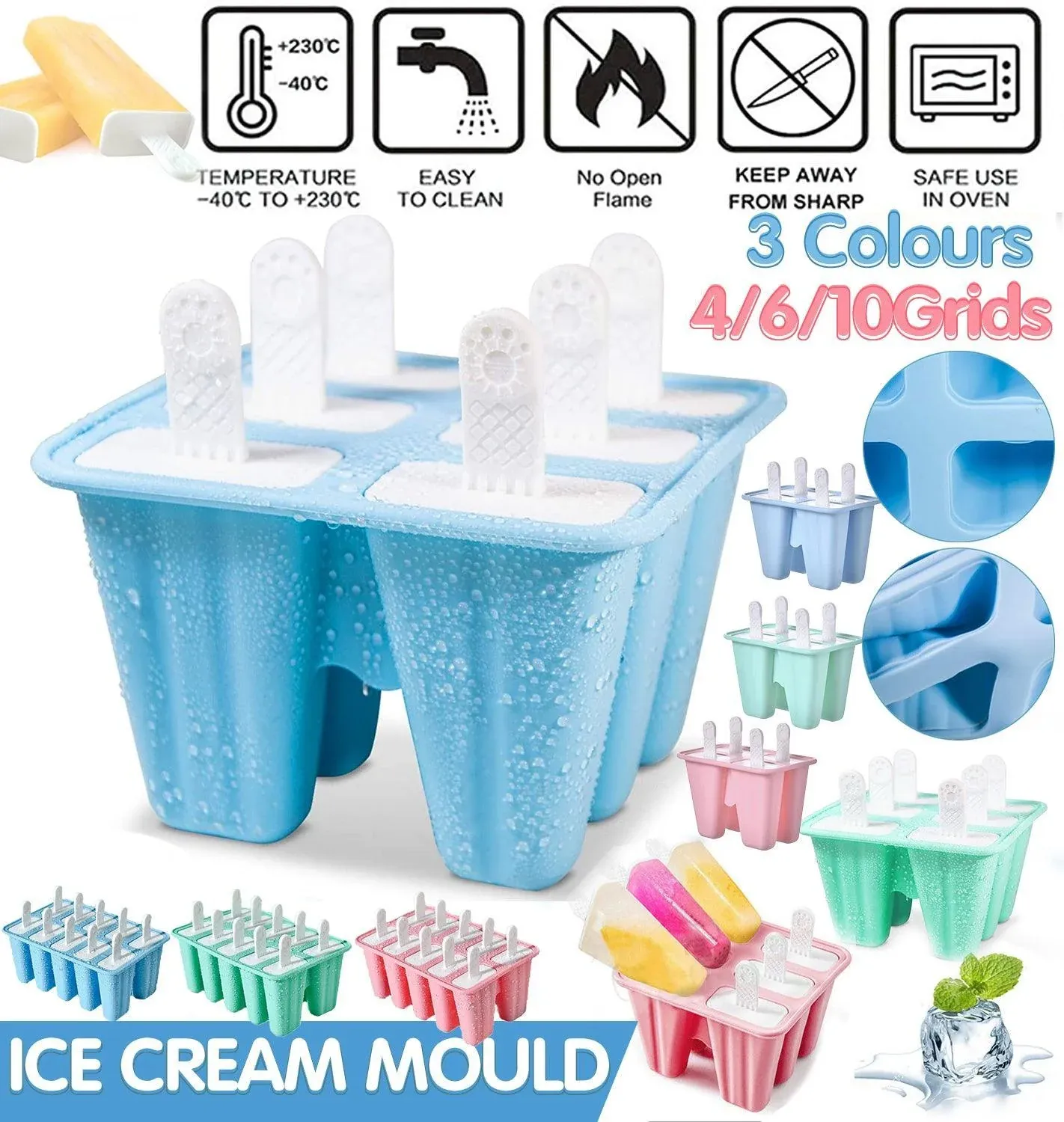 Silicone Ice Cream Mould Block Frozen Molds Icy Pole Jelly Popsicle - Blue-4Grid — image 2