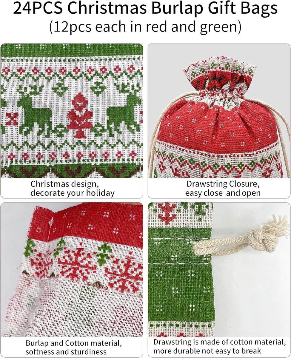 Christmas linen gift bags - 24 pieces - 10x14cm - Christmas decoration for indoors - Reusable - Christmas candy bags with drawstring - Suitable for โ image 3
