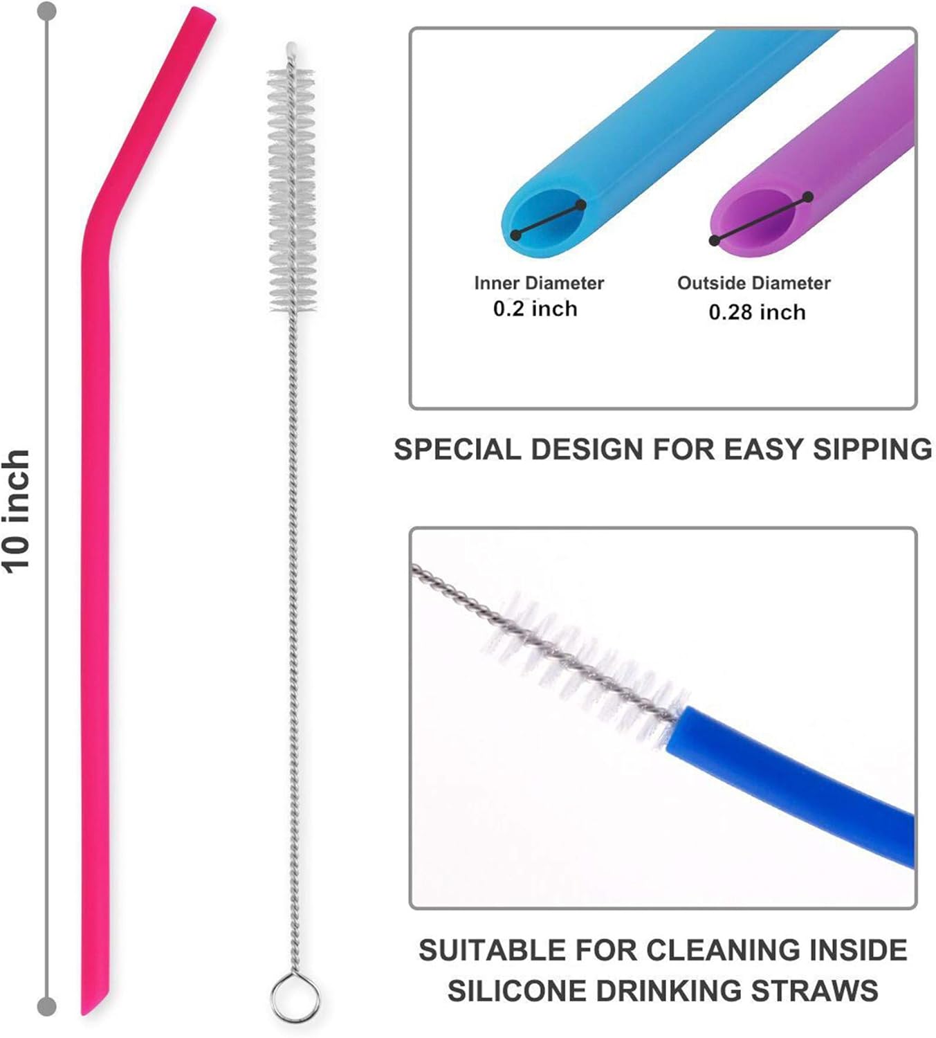 8 Pack Reusable Regular Size Silicone Drinking Straws with 1 Cleaning Brushes, Extra long Flexible Coffee Drinking Standard Size Straws for 20oz and 30oz โ image 2