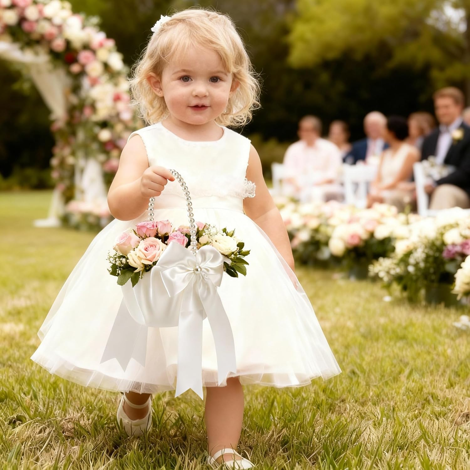 Wedding Flower Girl Basket - Elegant Pearl Handle with Bow Decoration, Ivory Color - 5.1" Diameter, Perfect for Flower Girls, Weddings, and Parties — image 4