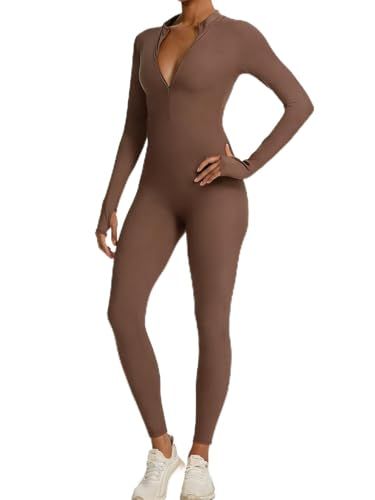 Long-Sleeve Zip-Up Bodycon Jumpsuit for Yoga, Workouts, and Casual Everyday Wear, M (Brown)