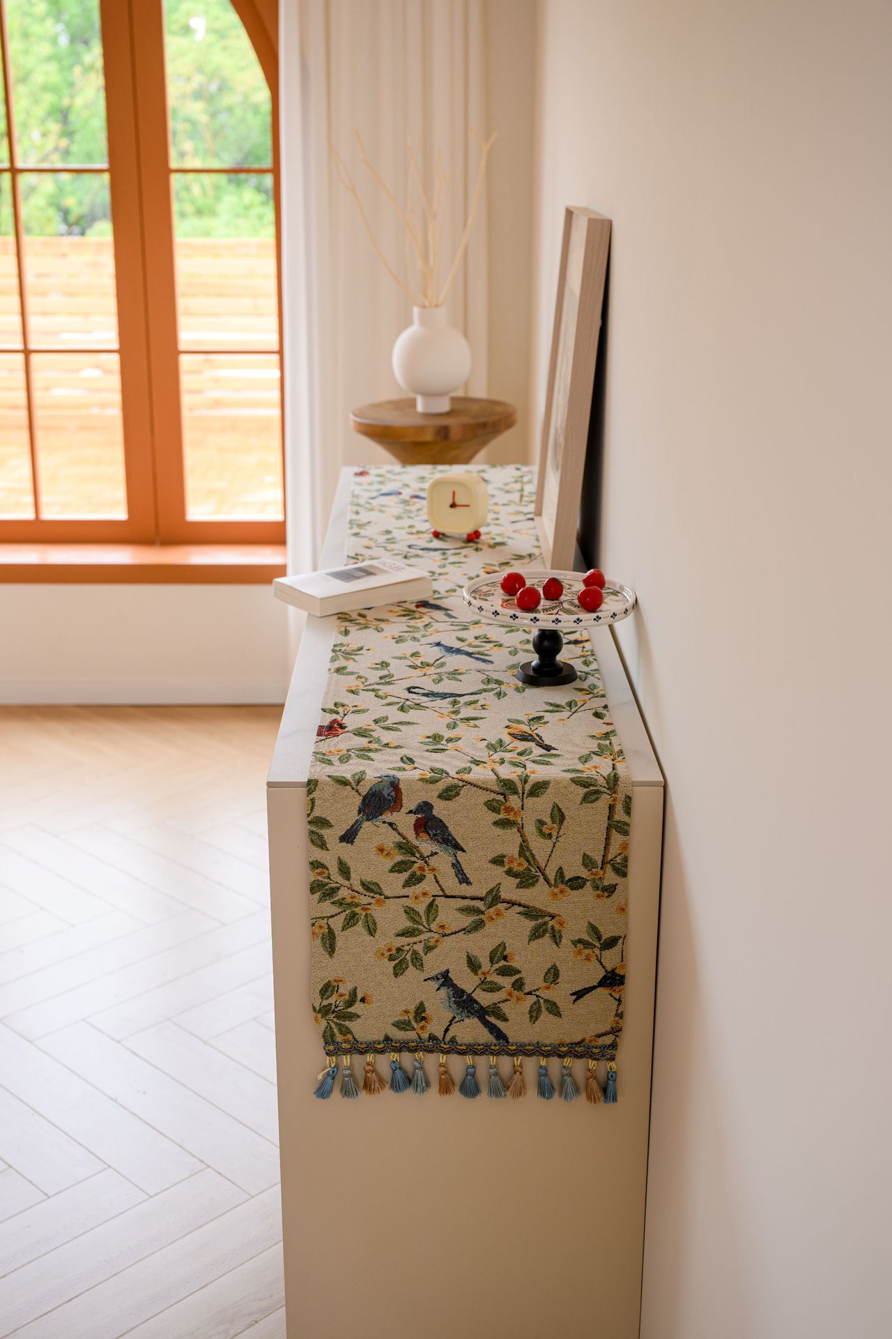 Birds & Branch Table Runner - Jacquard Woven Beige with Tassels(33 × 200CM) — image 3