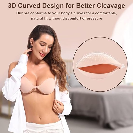 1 round bra cup - strapless invisible silicone - transparent push-up bra - seamless design - front closure - beige - B โ image 4