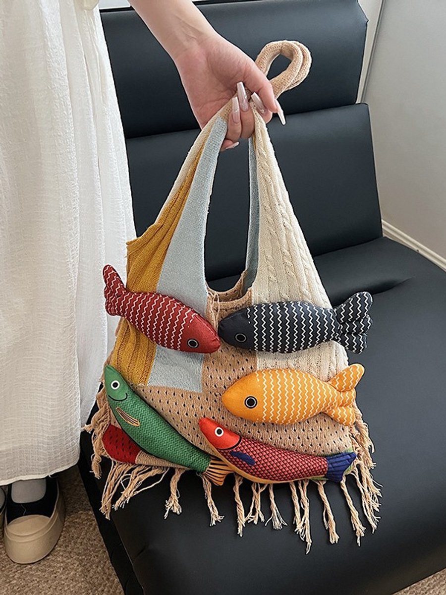 Shoulder Bag - Spacious Storage Bag - Versatile Knitted Bag - Tassel Shopping Bag - Perfect for Day Trips and Shopping - White — image 4
