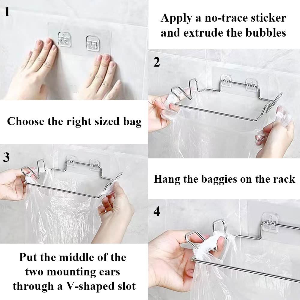 Trash Bag Holder for Cupboards Kitchen Cabinet Door, Stainless Steel Portable Garbage Bins (with Wall Sticker Base) — image 3