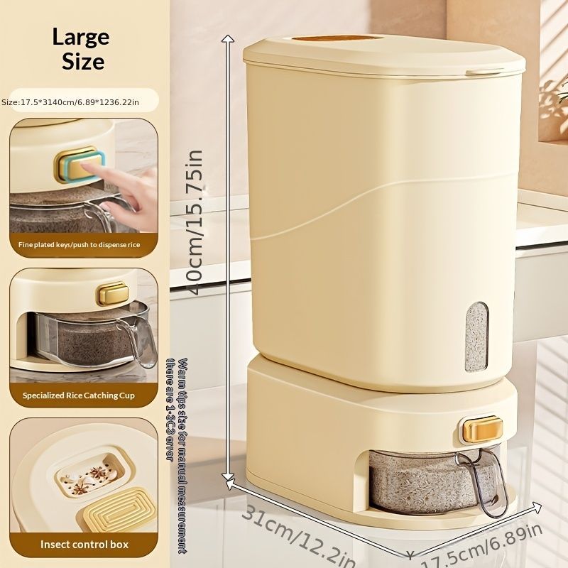 large capacity rice dispenser, measuring cup, time scale, plastic grain storage container, sealed food storage, insect proof food storage, moisture proof food