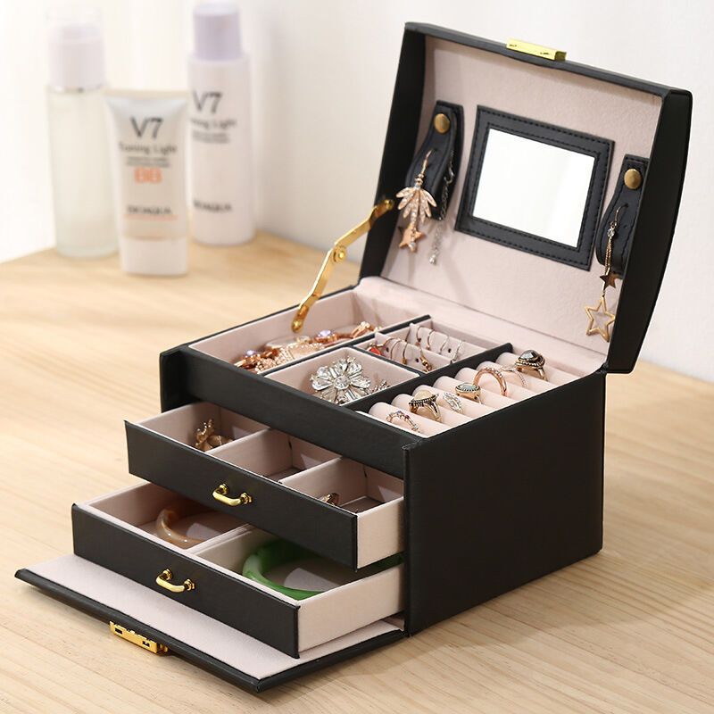 Jewelry Box 3 Layer Faux Leather Makeup Case with 2 Drawers Black — image 2