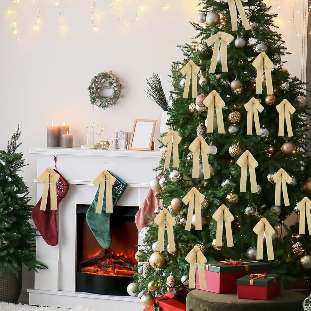 12 Christmas Bows Velvet Tree Decorations in Beige, 6-inch — image 3