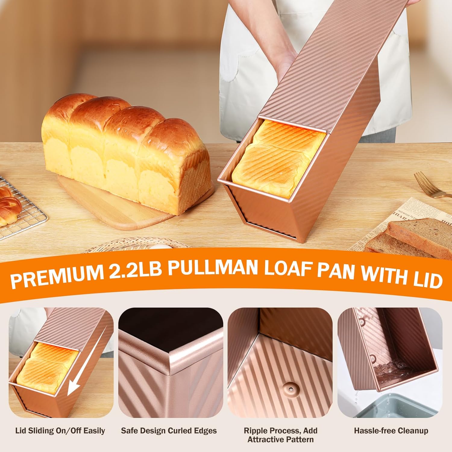 Pullman Loaf Pan with Lid, 13x4 inch, Premium 2.2LB Nonstick Sandwich Bread Loaf Pan for Homemade Sourdough Bread, Heavy Duty Carbon Steel Corrugated Toast Box — image 6