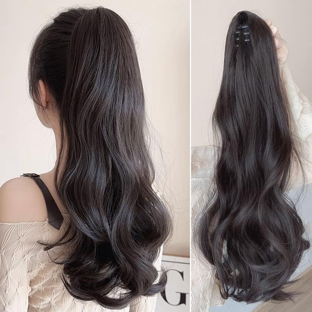 Claw Clip Ponytail Extension Synthetic Curly Wavy Clip in Hair Pieces 55cm Long Pony Tails Hair Extensions for Women (Black)