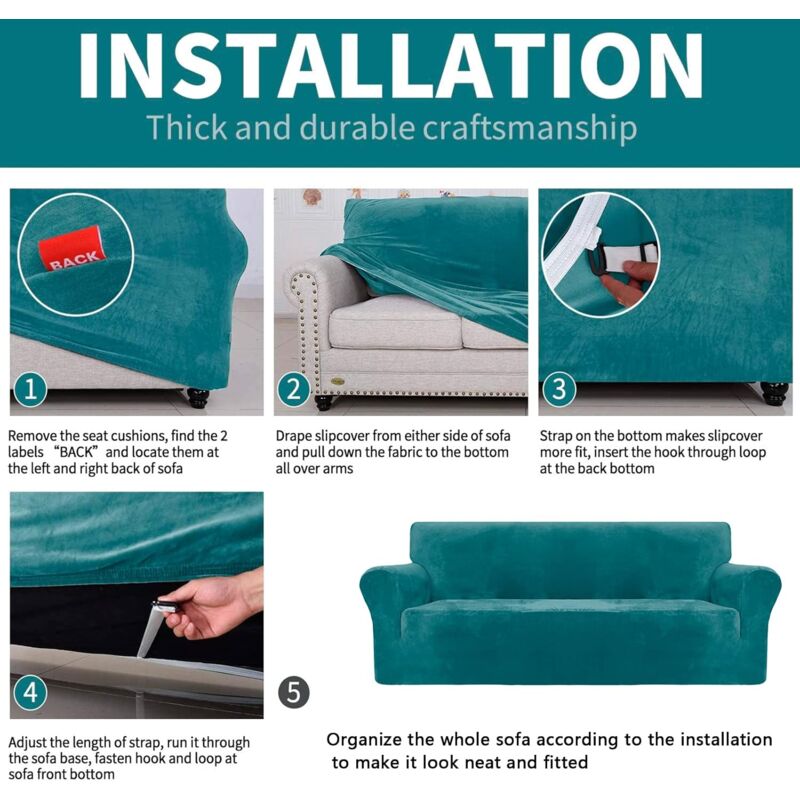 Velvet Sofa Cover 3 Seater Thick Stretch Sofa Slipcovers (3 Seater, Peacock Blue) — image 4