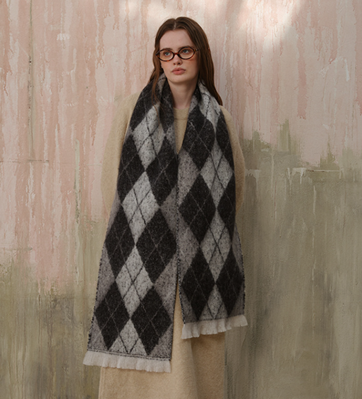 (Black+Grey)Two-Tone Argyle Pattern Scarf - Ladies' Warm Fashion Neckwear, 210x33cm โ image 3