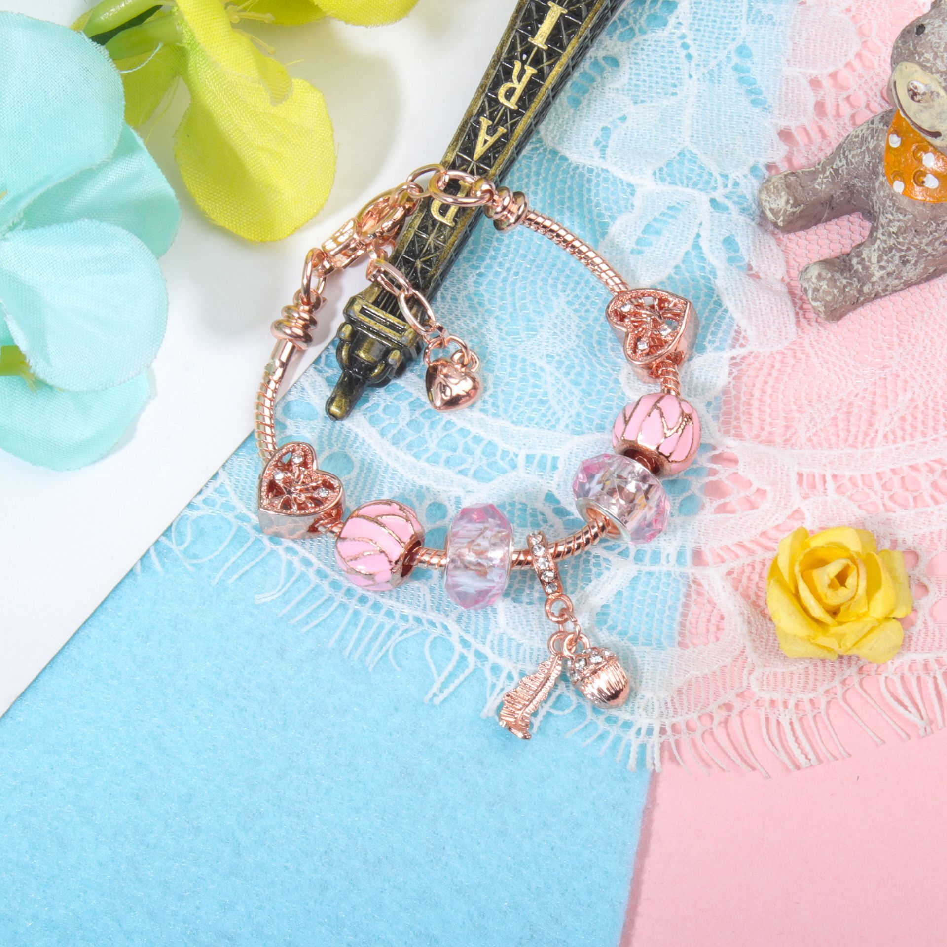 Rose Gold Charm Bracelet with Heart, Crystal, Leaf & Acorn, Colorful Beaded Jewelry for Women(17cm) — image 6