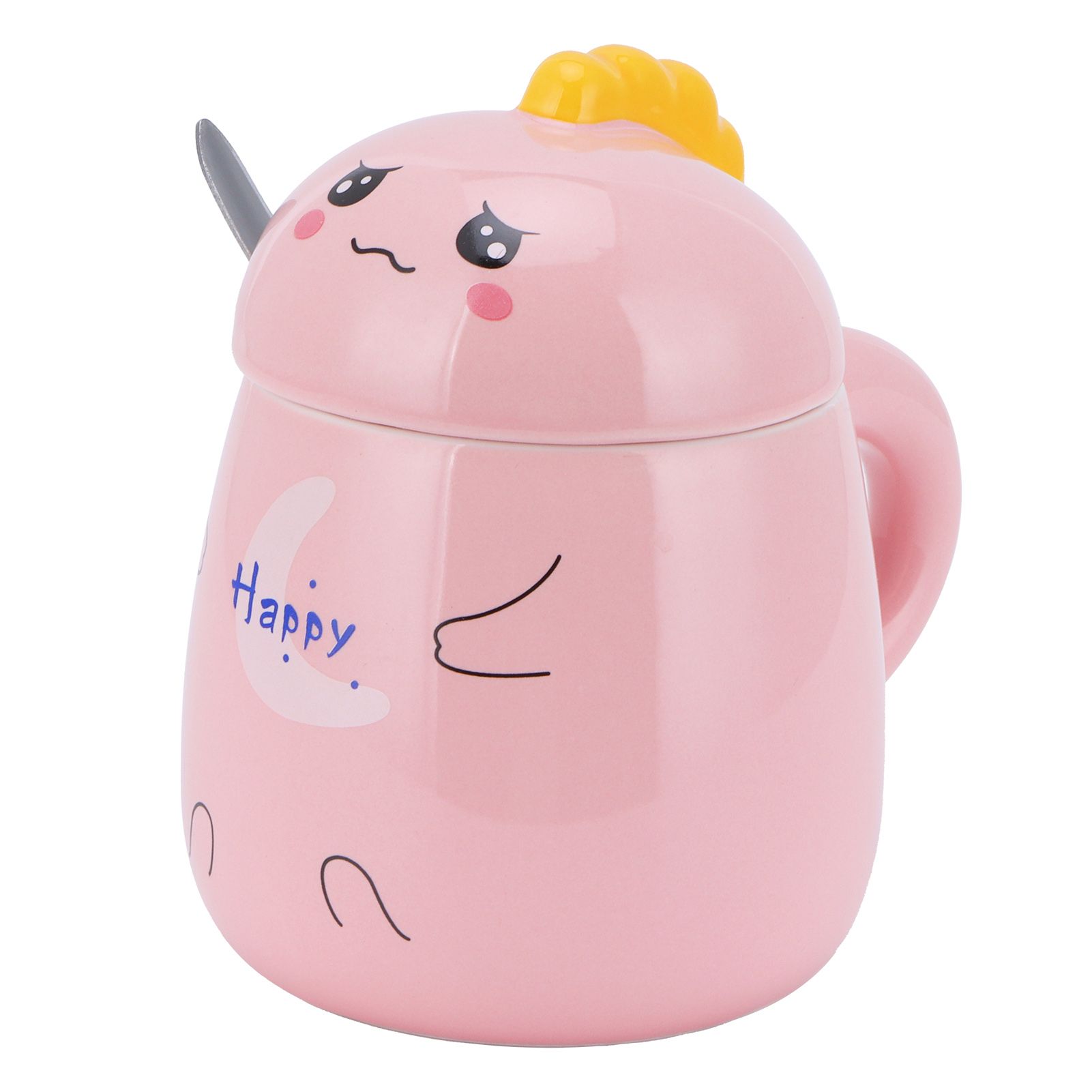 450ml Cute Ceramic Cup with Lid Spoon Water Cup Coffee Mug Girl Gift for Home OfficePink Happy โ image 2