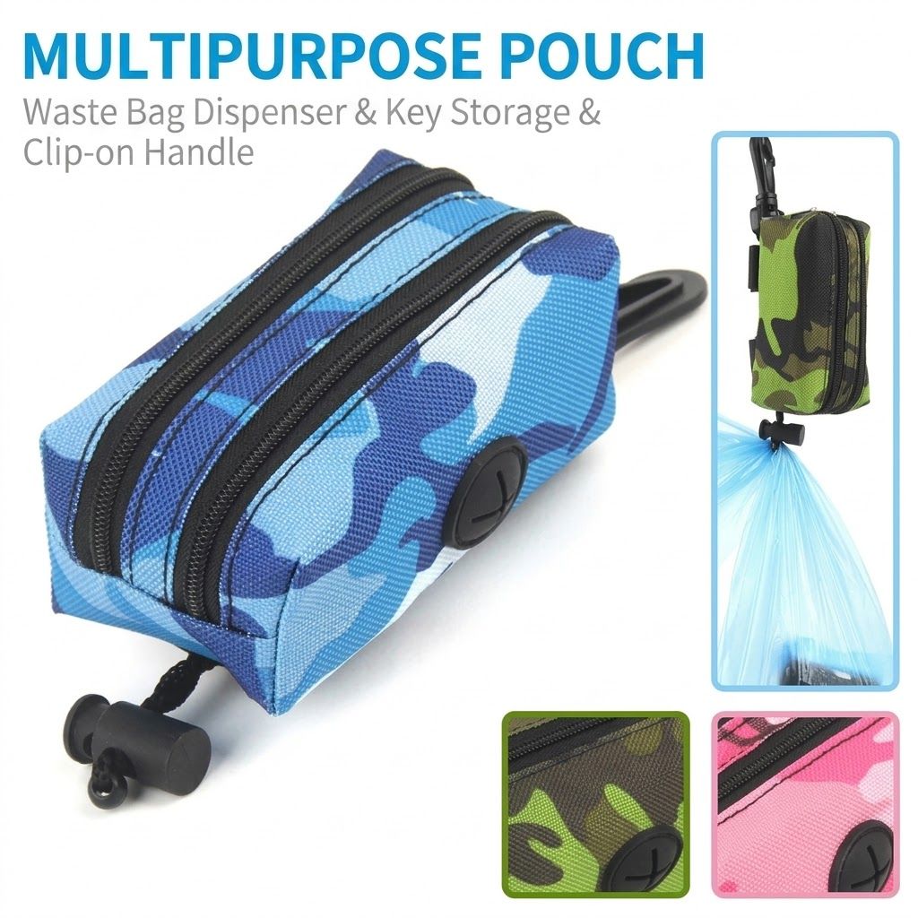 Dual-Zipper Camo Pet Waste Bag Dispenser Carrier with Key Pocket – Lightweight Oxford Fabric Poop Bag Holder for Leash, Strap, or Belt, Perfect for Walks — image 2