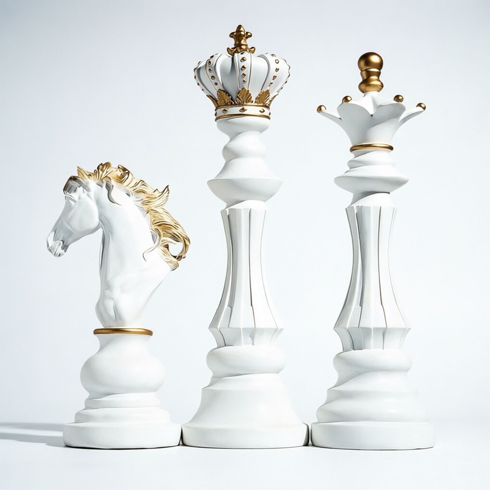 Luxury Resin Chess Piece Statues Set of 3 - King, Queen & Knight Horse Head Sculptures with Gold Trim - Classic Strategy Game Art Decor for Living Room, Study