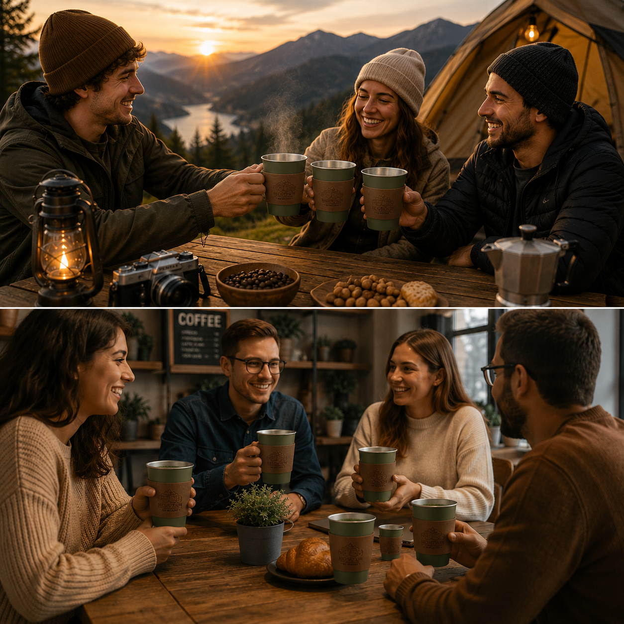 Green 304 Stainless Steel Camping Coffee Cup with Leather Sleeve – 500ml Portable Outdoor Drinking Cup, Beer Cup, Travel Mug for Camping, Hiking, Picnic and — image 3