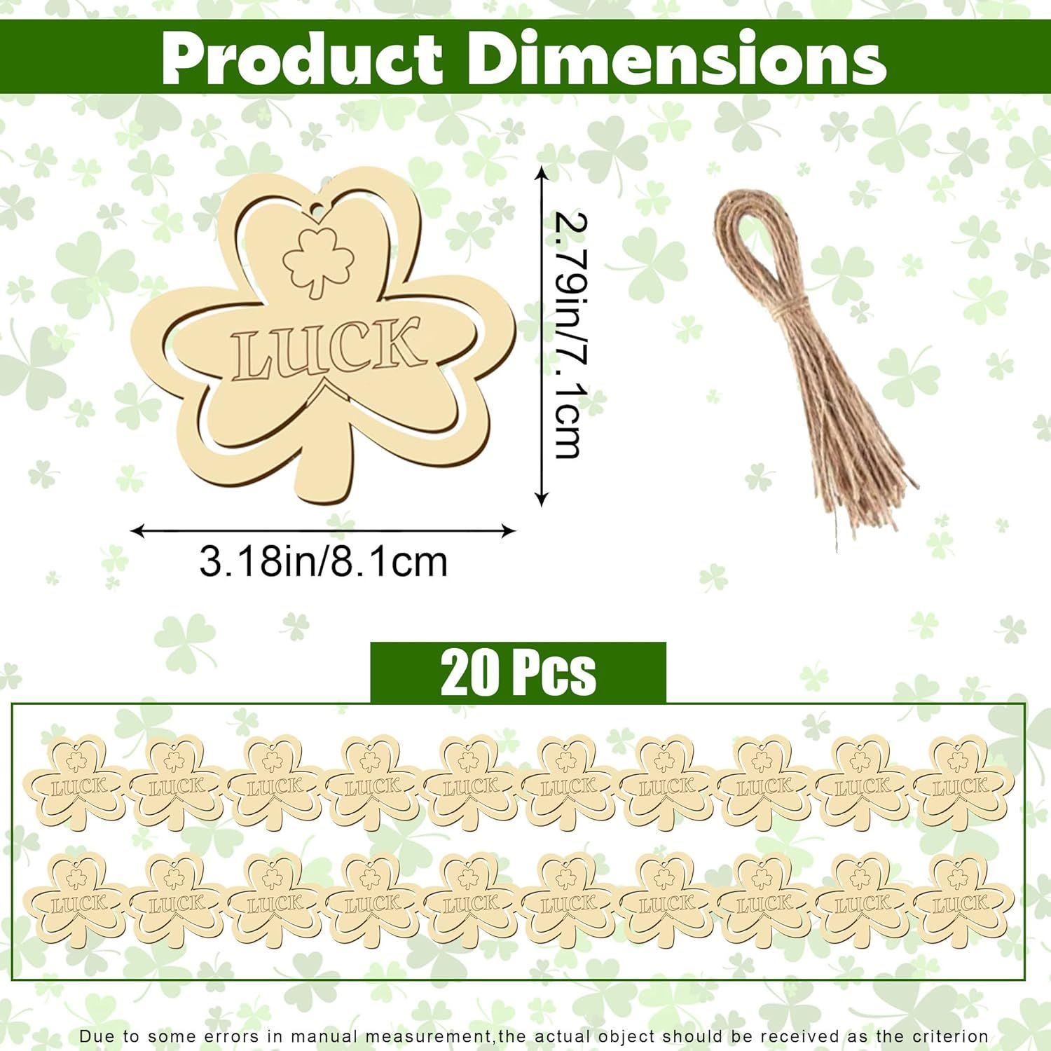 20Pcs Wooden Shamrock Ornaments to Paint, 3.2 Inch St. Patrick's Day Unfinished Wood Shamrock Cutouts, DIY Blank Luck Clover Shape Hanging Ornaments Ropes with — image 3