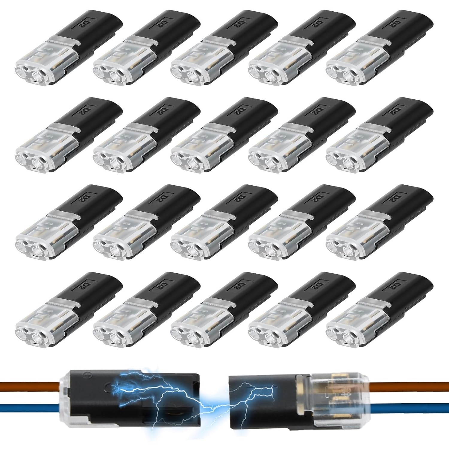 Double Wire Plug in Connector, 2-Pin Low Voltage Wire Connector with Locking Buckle, No-Stripping Quick Splice Clips for 22–18 AWG LED Strip Light＆Electrical