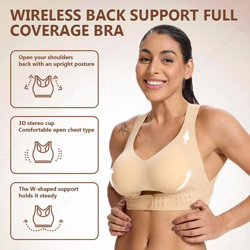 3XL Size Black Wireless Posture Support Sports Full Coverage Bra for Women – High Elastic Seamless Fitness Underwear with Adjustable Front Closure, Wide Straps — image 2