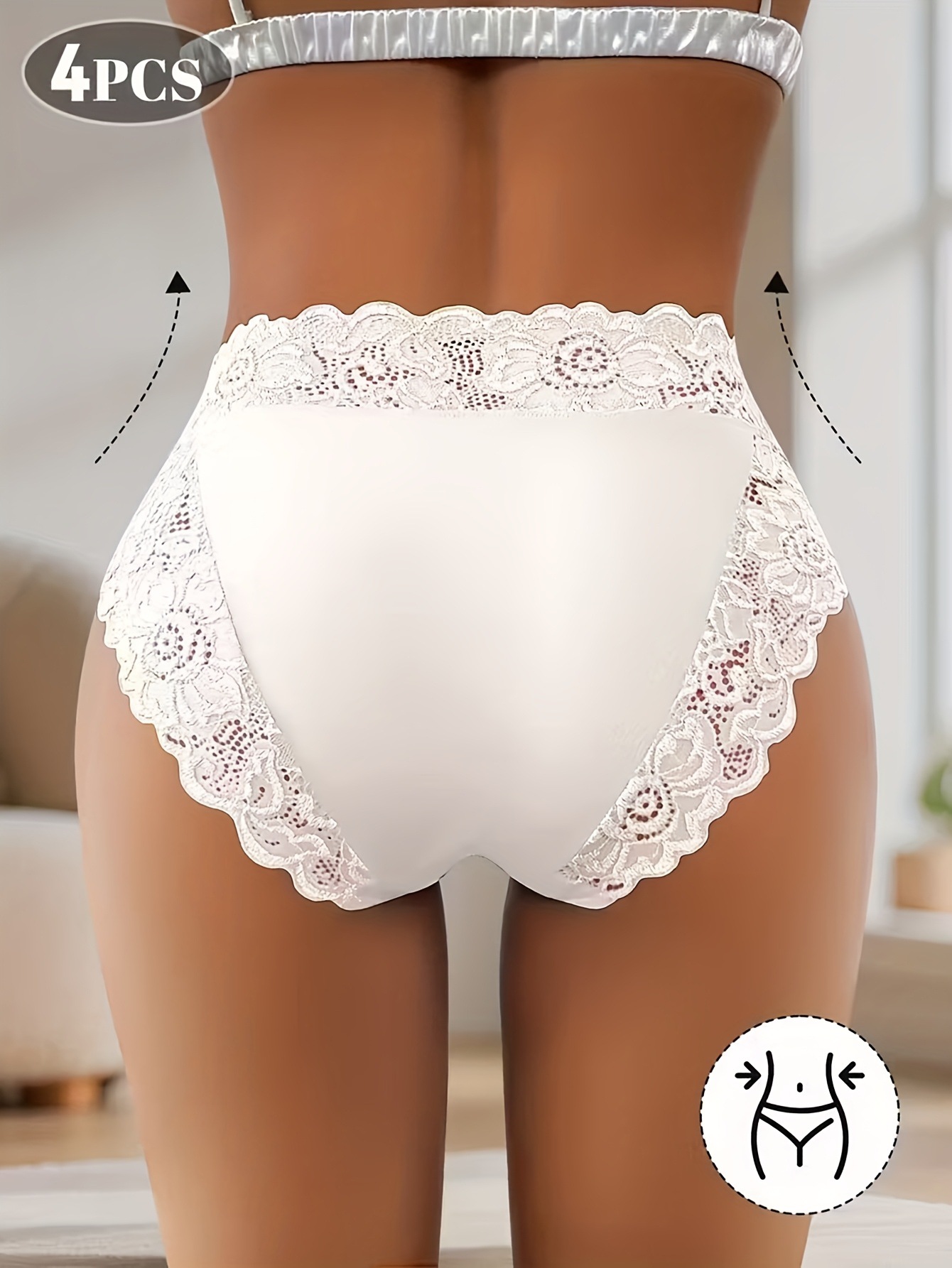 4-Pack White Elegant High-Waist Lace Panties for Women(Size XL) - Tummy Control & Butt Lifting Briefs, Breathable Underwear with Cotton Crotch Lining — image 4