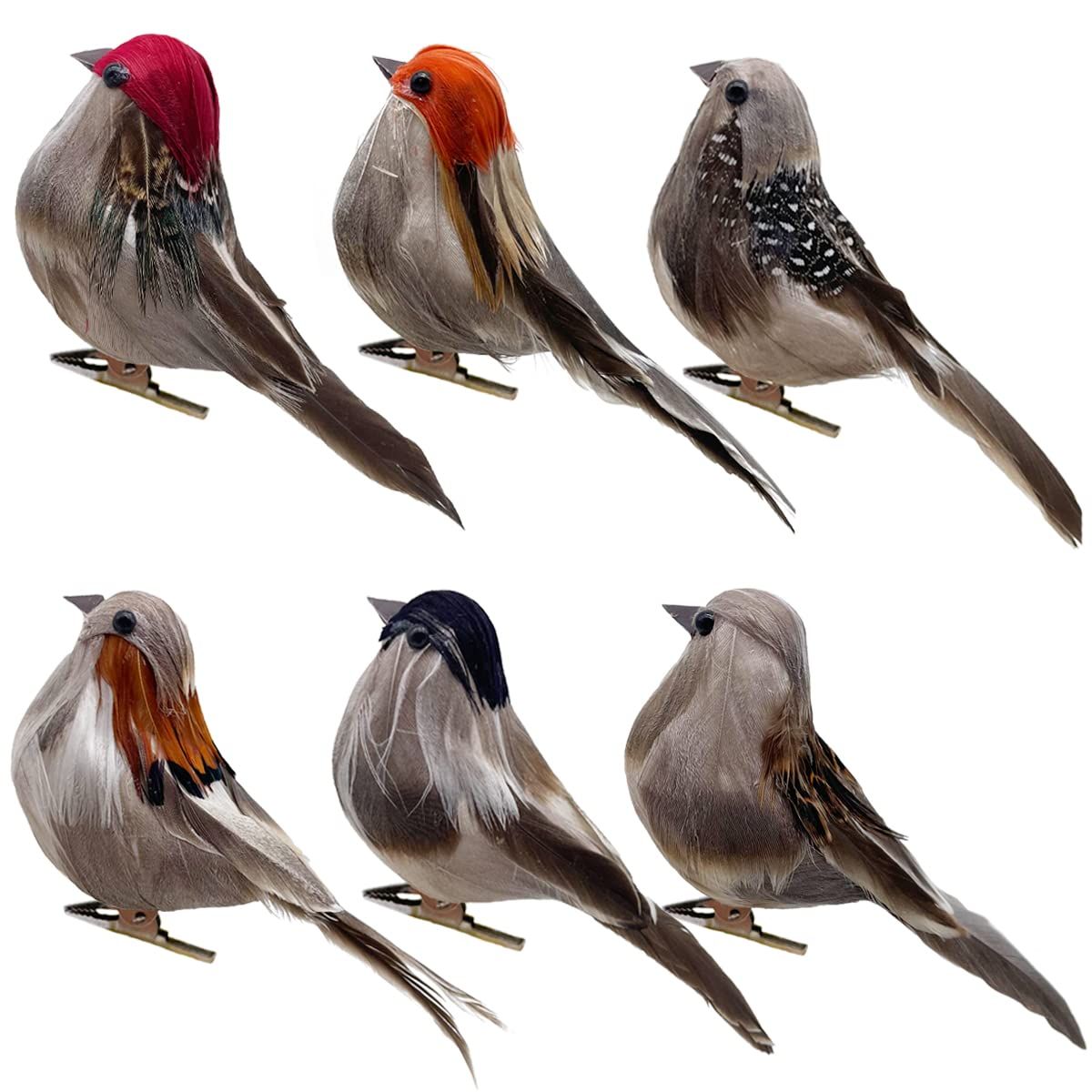 3D Small Artificial Sparrow 3.9" Clip on Feather Birds Ornaments for Craft Garden Christmas Tree Decoration Home Decor (6pcs)