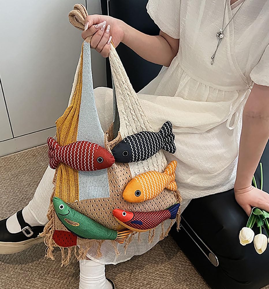 Boho Knit Tote Bag with 3D Fish Applique – Patchwork Shoulder Bag for Women, Beach, Travel & Daily Use – Soft Fringe Design (Khaki) — image 2