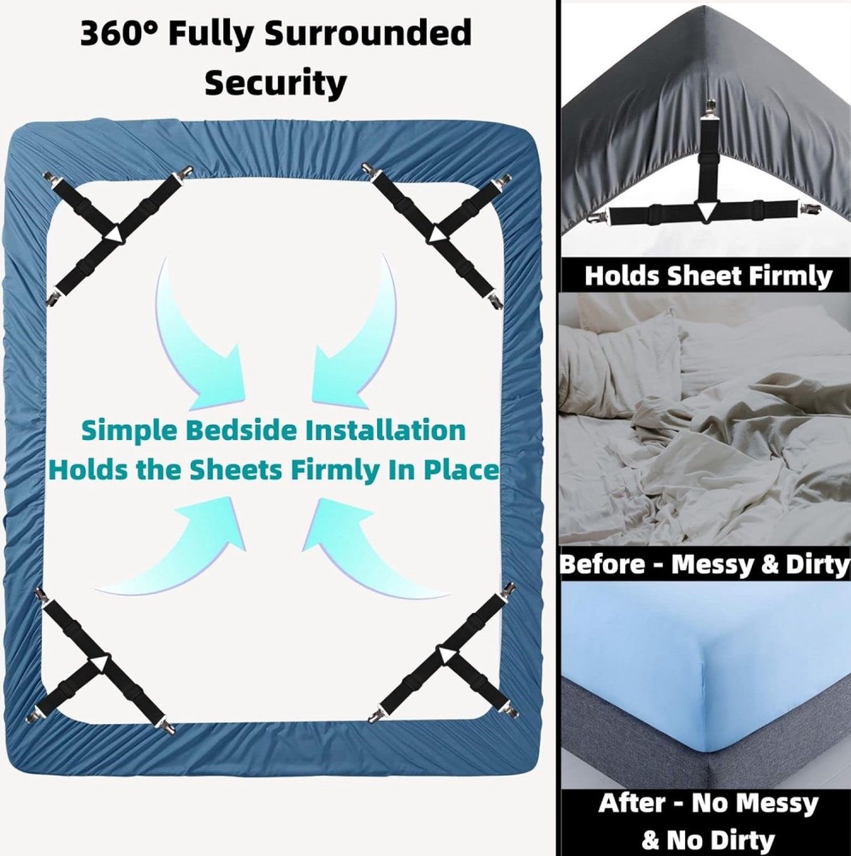 Bed Sheet Tensioners - 4 Pieces - Duvet Sheet Tensioner Clips - Duvet Clamps - Duvet Cover Tensioners - Sheet Clips - Adjustable - Sheet Suspenders - Fitted — image 3