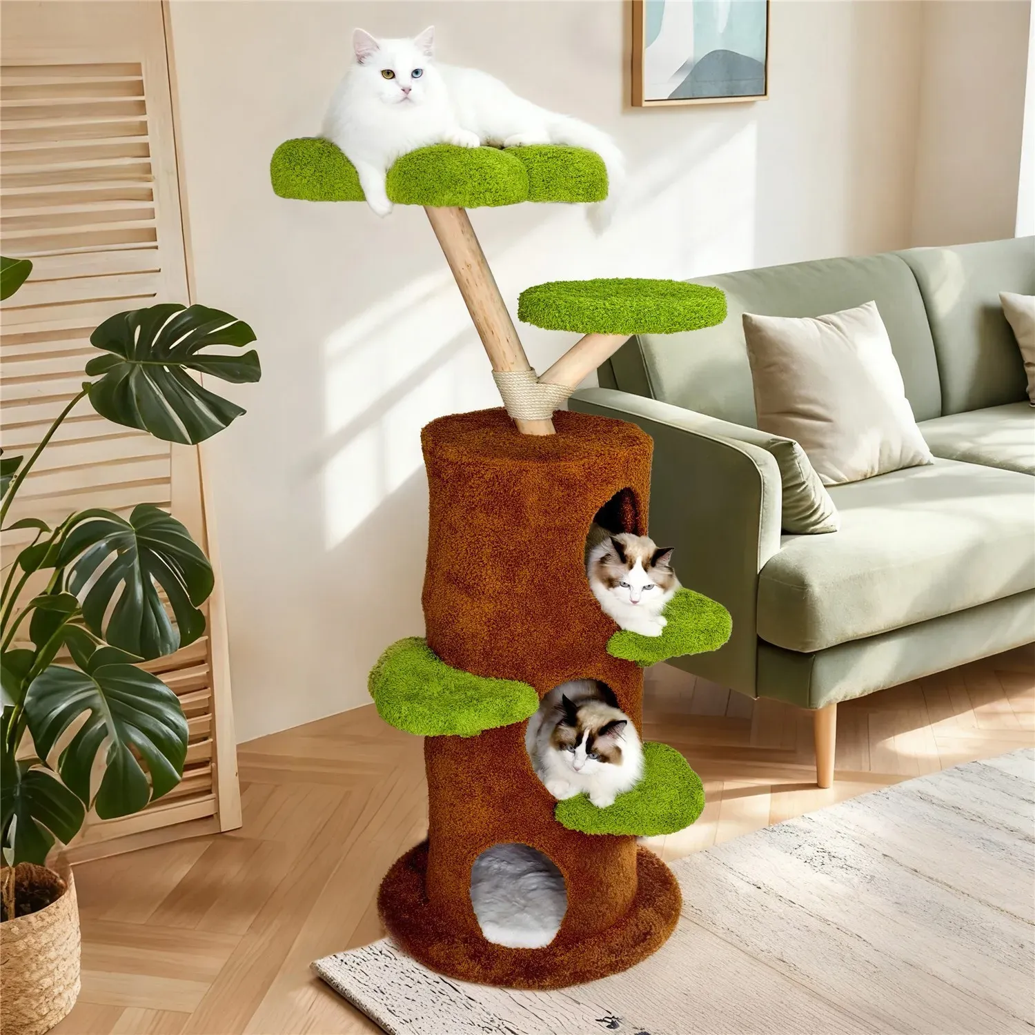 Large Multi-Level Cat Tree Tower in Green & Brown with Plush and Wood Design, 61x148cm โ image 5