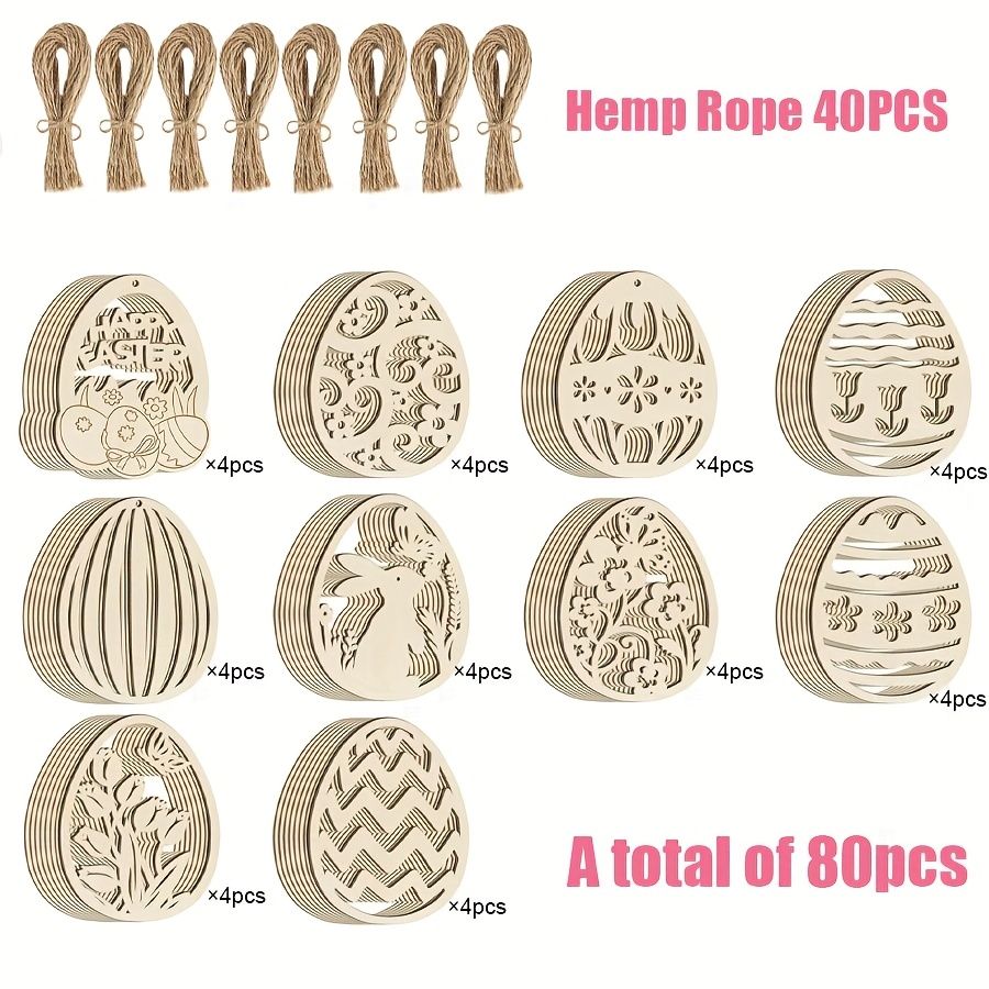 80pcs Easter wooden colored eggs, blank wooden pieces hand-made colored eggs, (including 40 hemp ropes and 40 wooden pieces) blank hanging decorative hand-made
