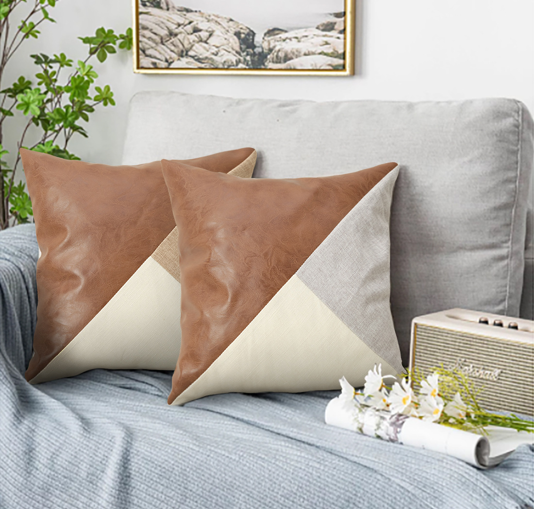 Khaki and Gray Modern Geometric Faux Leather & Cotton-Linen Cushion Covers - Set of 2, 45x45cm Decorative Pillowcases for Sofa & Car โ image 2
