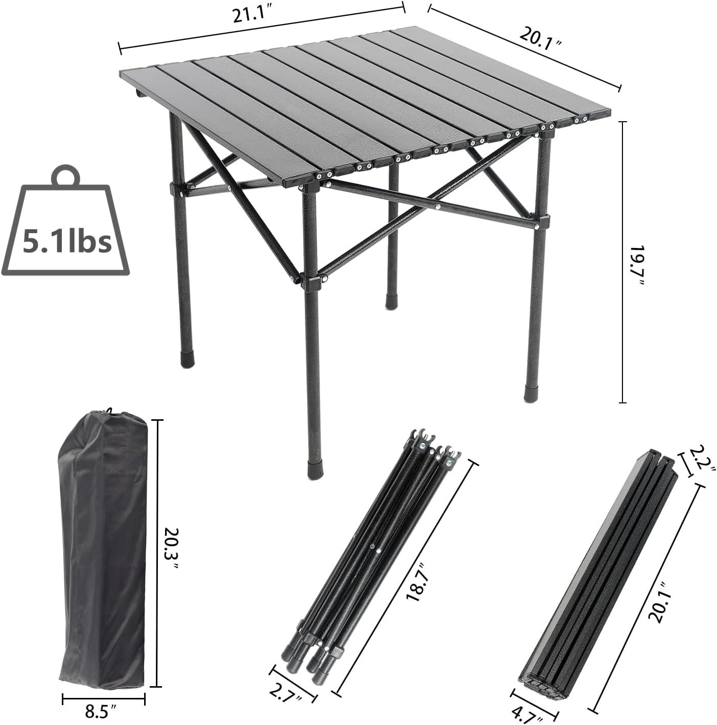 Foldable Aluminium Camping Side Table with Carry Bag, Lightweight Table for Cooking, Hiking, Picnics and BBQs, Black, 53.6 x 51.1 x 50 cm — image 2