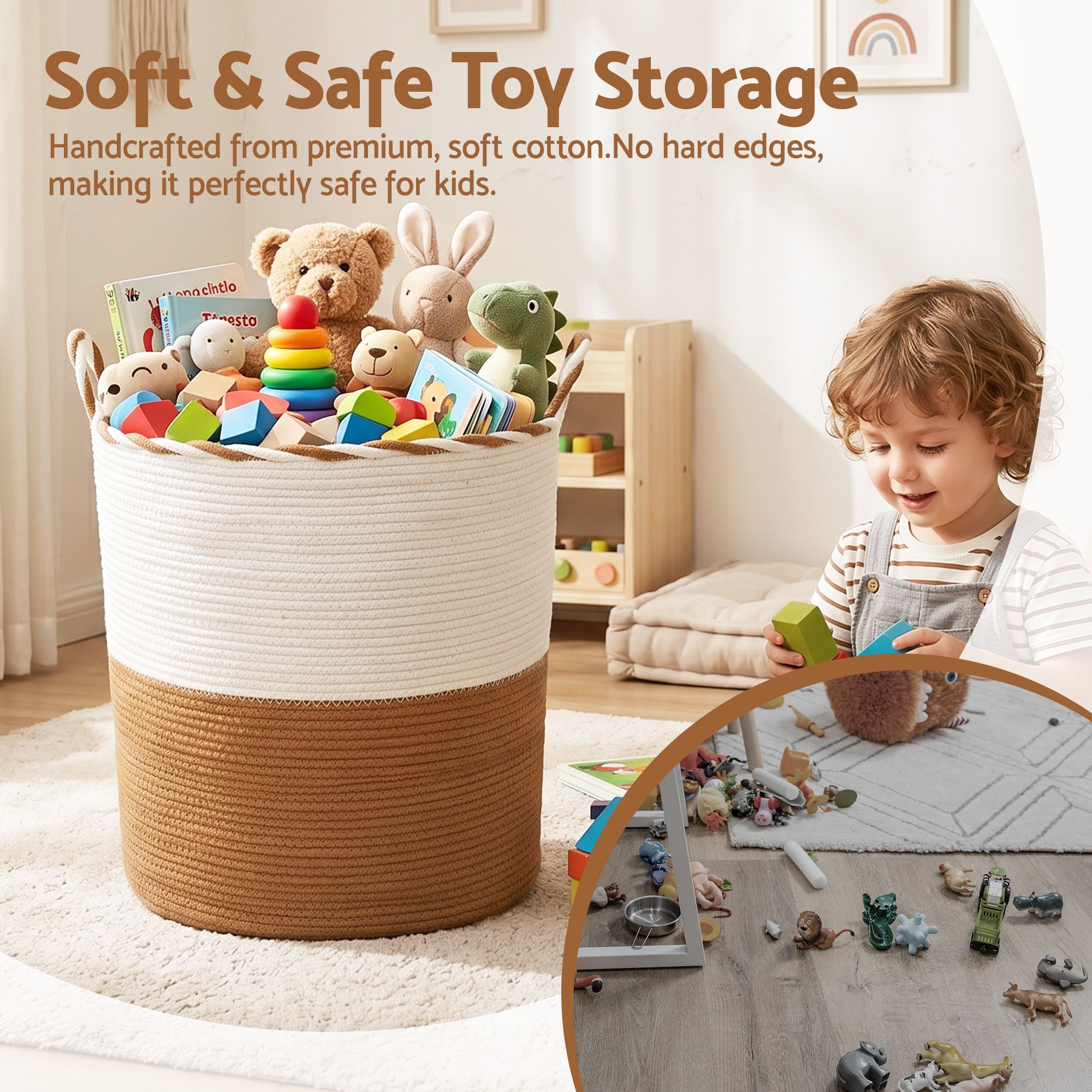 Artiss Woven Laundry Basket with handles Foldable White & Brown — image 6