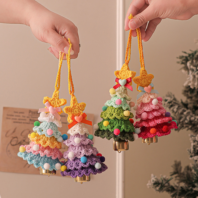 2 Pcs Handmade Crochet Christmas Tree Ornament - Plush Knitted Decoration with Bell - Ideal for Home, Car & Holiday Decor(Style E) โ image 4