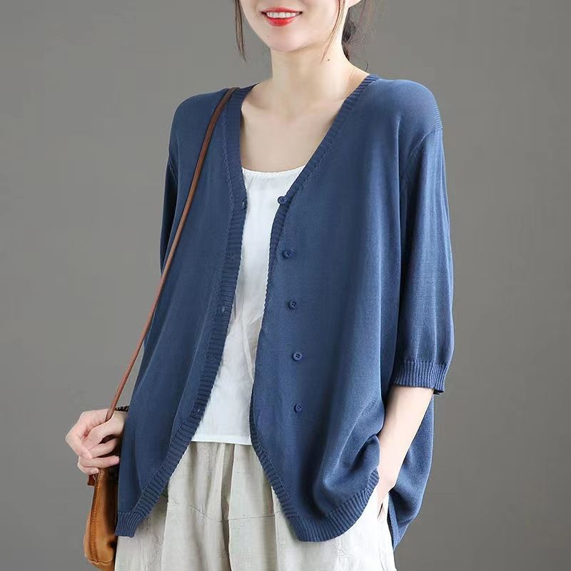 Ice Silk Women Cardigan Loose V Neck Half Sleeve White XXXL โ image 3