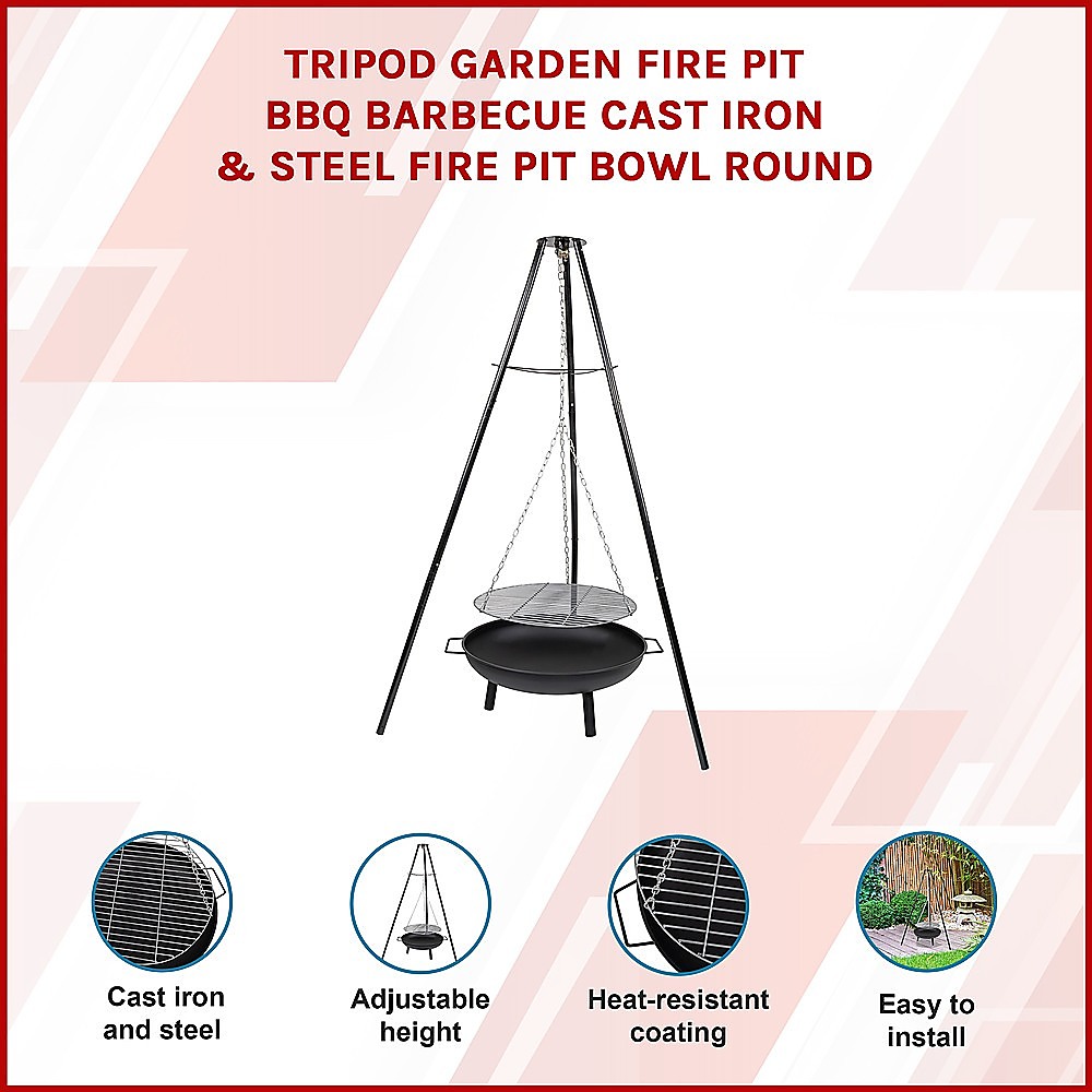 Tripod Garden Fire Pit BBQ – Cast Iron & Steel Round Outdoor Fire Bowl — image 3
