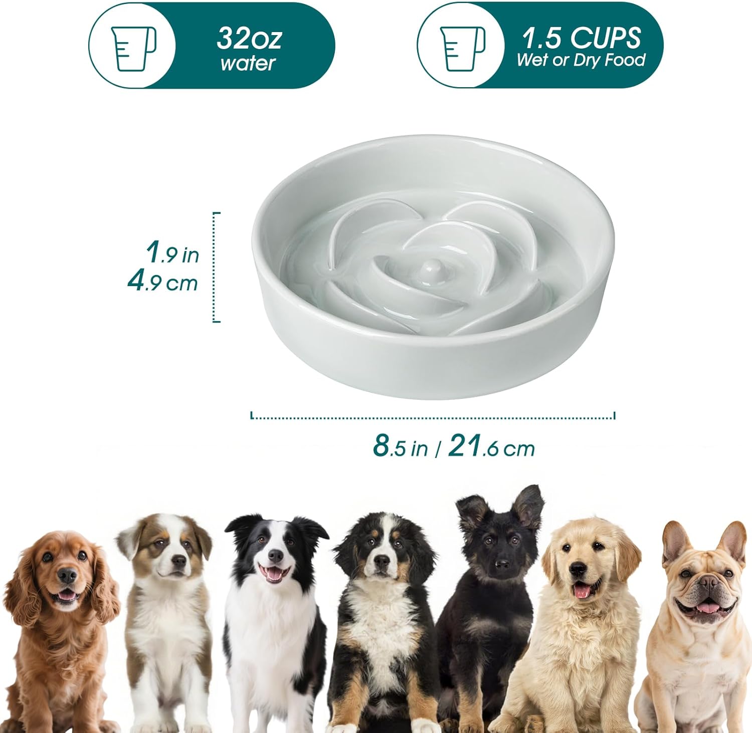 Slow Feeder Dog Bowl, 1.5 Cups Ceramic Dog Food Dish for Fast Eaters Small Breed, Puzzle Bowl for Small Dogs and Cats, Grayish Cyan — image 2