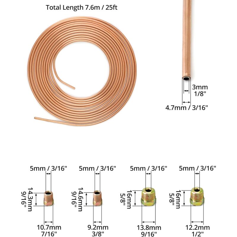 7.6M Brake Copper Hose, Brake Pipe Tube, Od 4.76Mm, Id 3.3Mm With 16 Nuts โ image 4