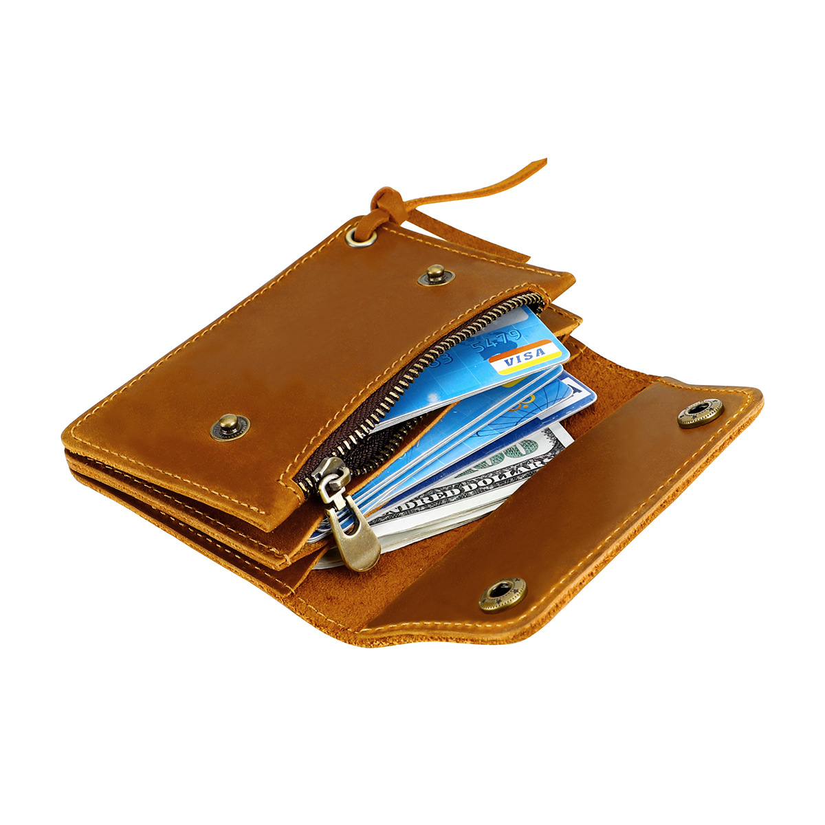 Blue Vintage Handmade Crazy Horse Leather Wallet - Compact Card Holder & Zippered Coin Purse with Snap Closure โ image 6