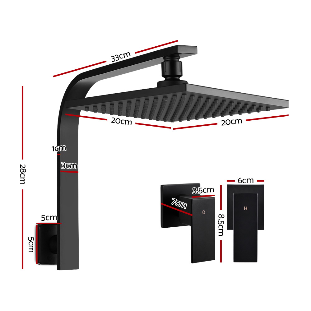 Cefito 8'' Rain Shower Head Wall Arm Square High Pressure Twins Tap Black — image 2