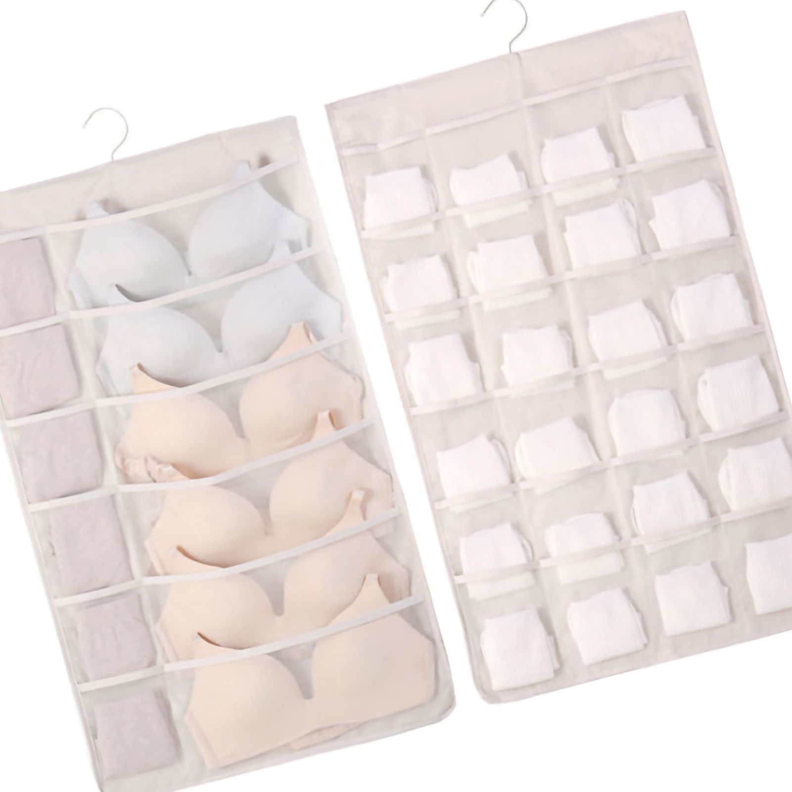 Hanging Bra Organizer Oxford Fabric Double Sides Breathable Large Capacity Underwear Storage Organizer for Bra Socks Beige, Front 12, Back 24 — image 4